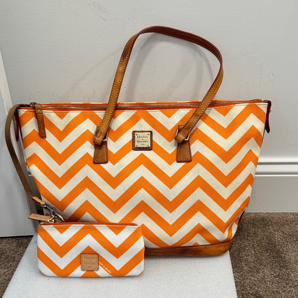 Dooney & Bourke Handbags - Dooney & Bourke Chevron Tangerine and White tote bag with matching pouch